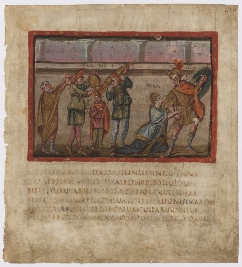 Virgilio Vaticano, foglio XXIIr, Creusa cerca di trattenere Enea dalla Battaglia, IV sec. 