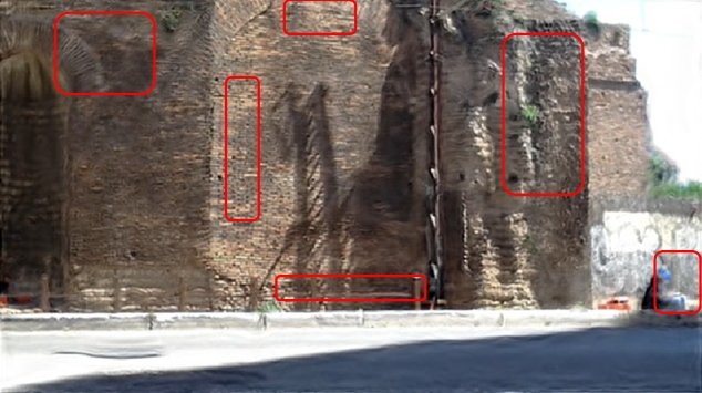 Lato suovest del c.d. Tempio di Minerva Medica con i punti deboli della struttura messi in evidenza dai riquadri in rosso.